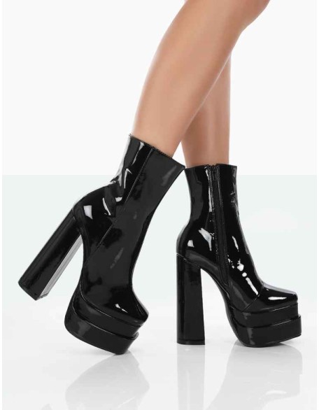 Supine Wide Fit Black Patent Chunky Platform High Heeled Ankle Boots