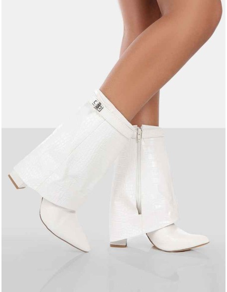 Fyre Ecru Croc Pointed Toe Heeled Ankle Boots
