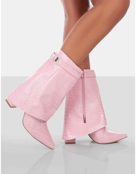 Fyre Baby Pink Croc Pointed Toe Heeled Ankle Boots