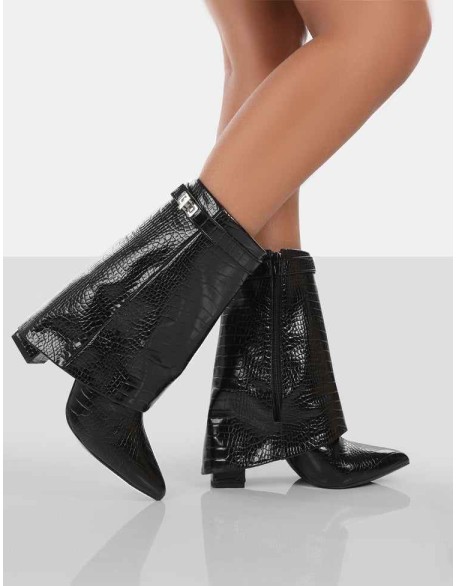 Fyre Black Croc Pointed Toe Heeled Ankle Boots