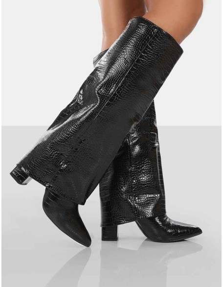 Zendaya Black Croc Pointed Toe Knee High Boots