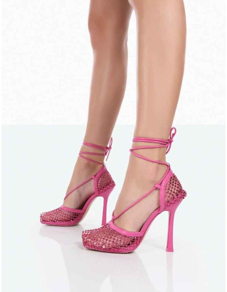 Longshot Hot Pink Sparkly Diamante Wrap Around Mesh Heels