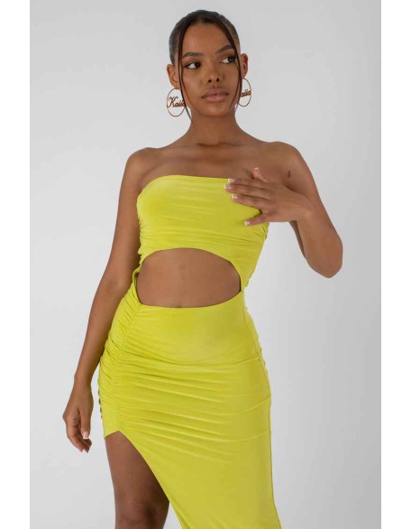 Split Side Bandeau Slinky Maxi Dress Lime