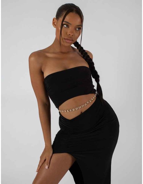 Split Side Bandeau Slinky Maxi Dress Black