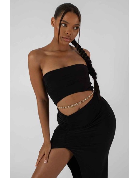 Split Side Bandeau Slinky Maxi Dress Black