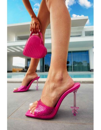 Lunar Hot Pink Clear Perspex Square Toe Star Shape Heeled Mules