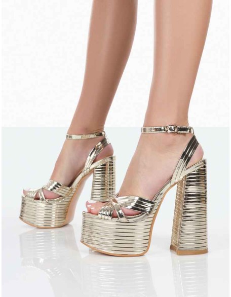 Zurra Gold Metallic Pu Open Toe Platform Block Heels