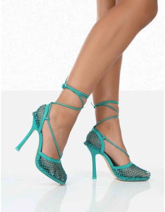 Longshot Turquoise Blue Sparkly Diamante Wrap Around Mesh Heels