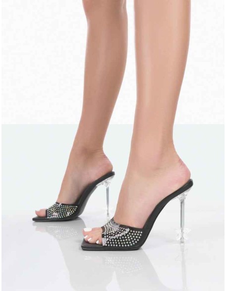Lunar Black Clear Perspex Square Toe Star Shape Heeled Mules