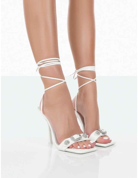 Happy Now White Croc Pu Square Toe Lace Up Stiletto Heels