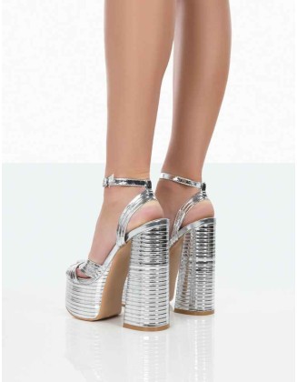 Zurra Silver Metallic Pu Open Toe Platform Block Heels