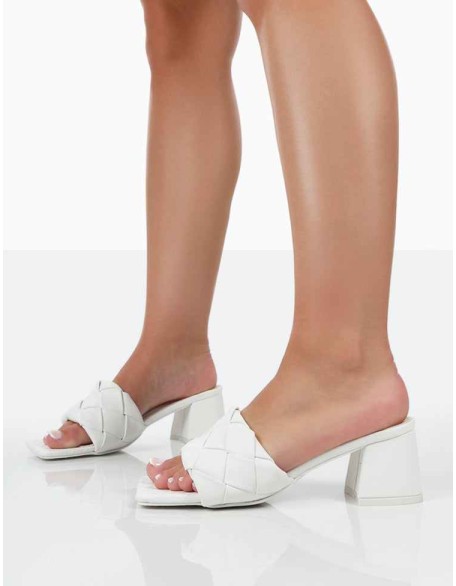 Play Nice White PU Woven Square Toe Block Mid Heeled Sandals