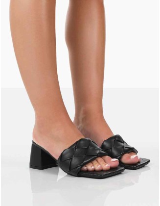 Play Nice Black PU Woven Square Toe Block Mid Heeled Sandals
