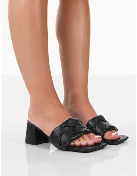 Play Nice Black PU Woven Square Toe Block Mid Heeled Sandals