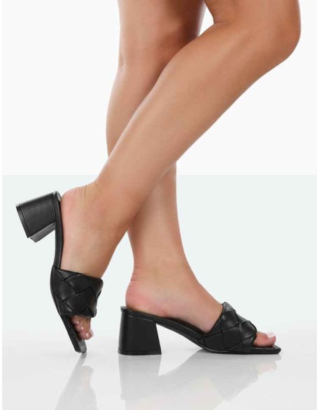 Play Nice Black PU Woven Square Toe Block Mid Heeled Sandals