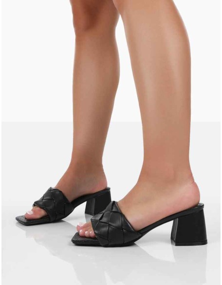 Play Nice Black PU Woven Square Toe Block Mid Heeled Sandals