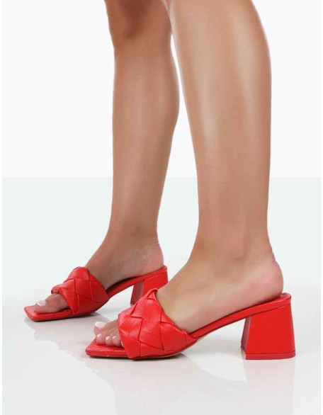 Play Nice Red PU Woven Square Toe Block Mid Heeled Sandals