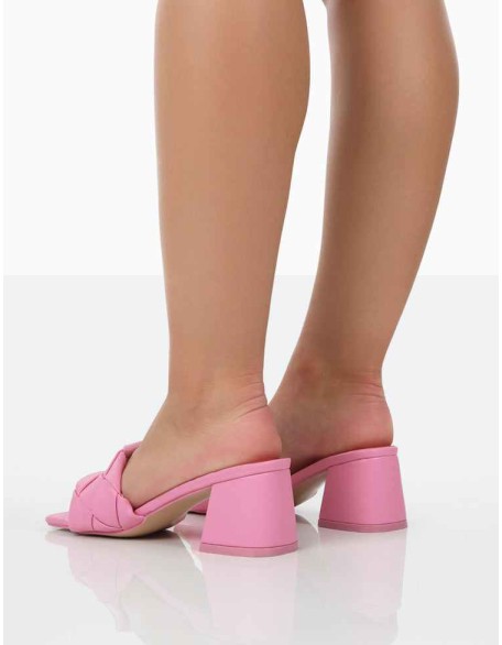 Play Nice Pink PU Woven Square Toe Block Mid Heeled Sandals