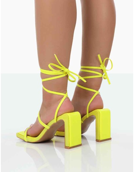Misha Lime Square Toe Strappy Lace Up Thin Block Heels