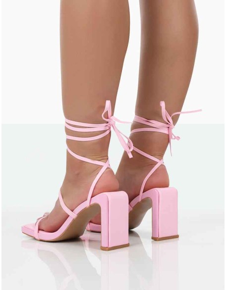 Misha Pink Square Toe Strappy Lace Up Thin Block Heels