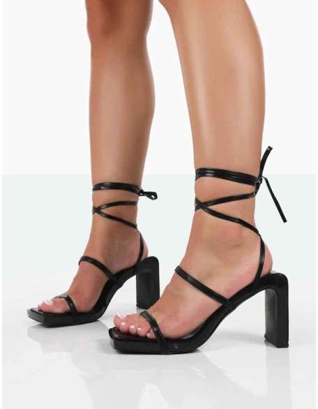 Misha Black Square Toe Strappy Lace Up Thin Block Heels