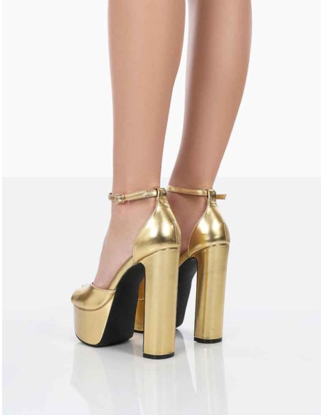 Kylie Gold Pu High Heel Peep Toe Platform Block Heels