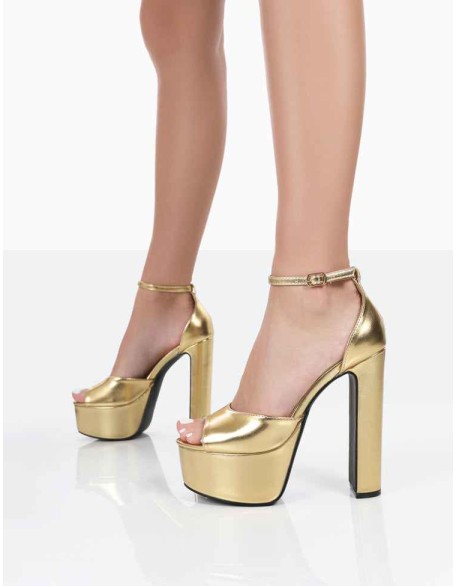 Kylie Gold Pu High Heel Peep Toe Platform Block Heels