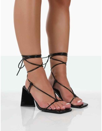 Atlas Black Patent Square Toe Lace Up Flared Mid Block Heeled Sandals