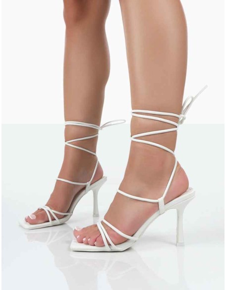 Jovie White Pu Square Toe Strappy Lace Up Stiletto Heels