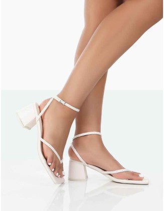 Zahra Wide Fit Ecru PU Toe Thong Mid Block Heeled Sandals