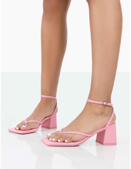 Zahra Wide Fit Pink PU Toe Thong Mid Block Heeled Sandals