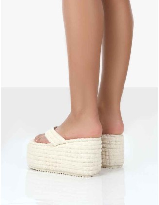 Nell Ecru Terry Towelling Platform Wedge Flip Flop Sandals