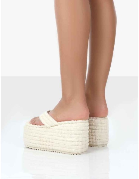 Nell Ecru Terry Towelling Platform Wedge Flip Flop Sandals