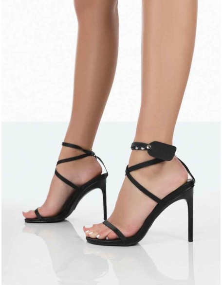 Go Away Black Pu Strappy Tag Detail Square Toe Stiletto Heels