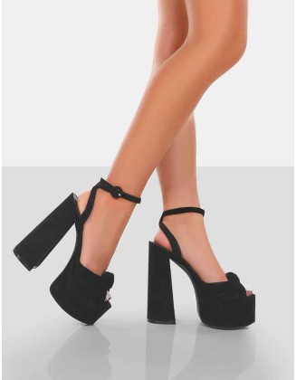 Knot On Wide Fit Black Faux Suede Knotted Platform High Heeled Sandals