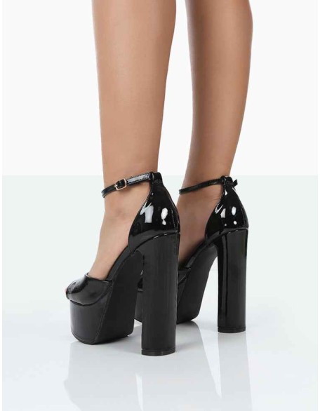 Kylie Wide Fit Black Patent High Heel Peep Toe Platform Block Heels