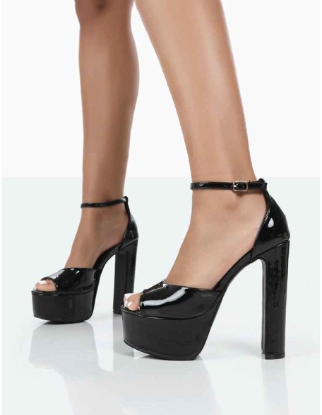 Kylie Wide Fit Black Patent High Heel Peep Toe Platform Block Heels