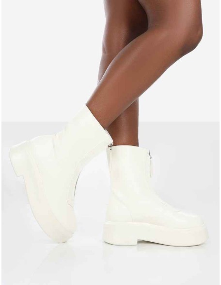 Indigo Ecru PU Chunky Sole Zip Through Ankle Boot
