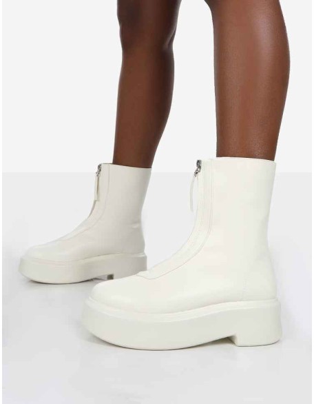 Indigo Ecru PU Chunky Sole Zip Through Ankle Boot