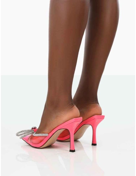 Quasar Neon Pink Diamante Bow Mid Heels Mules
