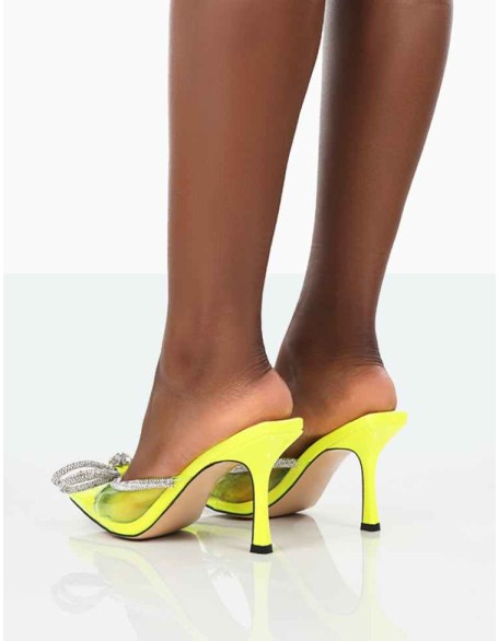 Quasar Neon Yellow Diamante Bow Mid Heels Mules