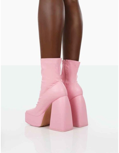 Own Thing Wide Fit Pink PU Chunky Square Toe Platform Heel Ankle Boots