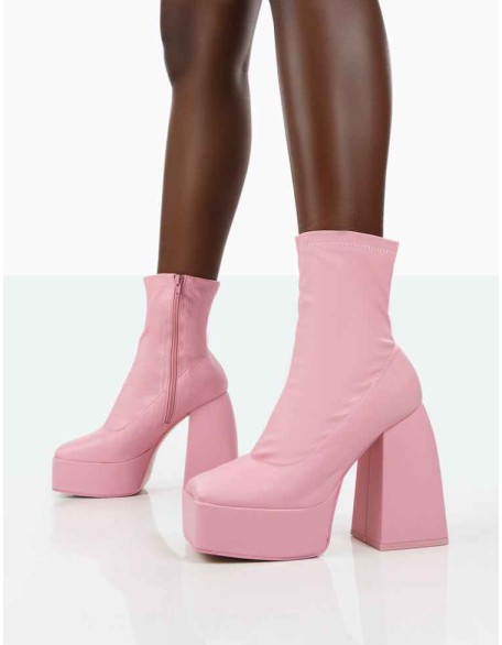 Own Thing Wide Fit Pink PU Chunky Square Toe Platform Heel Ankle Boots