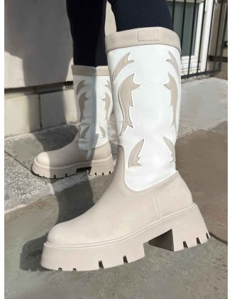 Fly Away Ecru Pu Round Toe Western Cowboy Knee High Boots