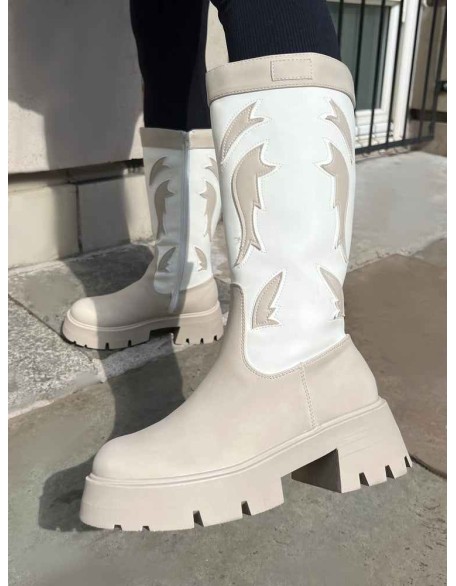 Fly Away Ecru Pu Round Toe Western Cowboy Knee High Boots