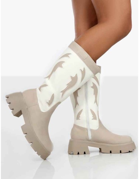 Fly Away Ecru Pu Round Toe Western Cowboy Knee High Boots