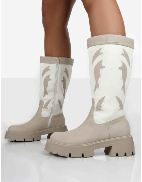 Fly Away Ecru Pu Round Toe Western Cowboy Knee High Boots