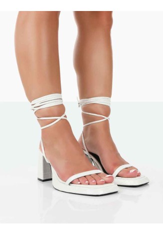 Jaipur White Croc Strappy Squared Toe Mid Heels