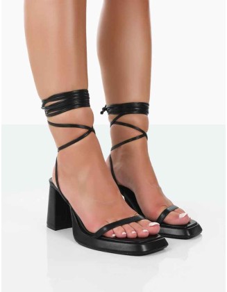 Jaipur Black Grain PU Strappy Squared Toe Mid Heels