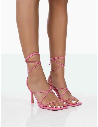 Euphoria Pink Pu Square Toe Lace Up Mid Heels